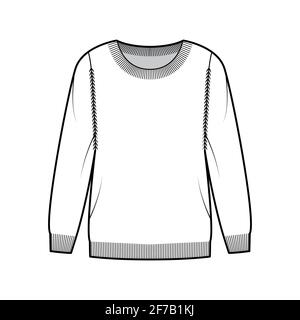 Sweat-shirt technique de mode avec col rond, manches longues, coupe classique, longueur du bout des doigts, bordures côtelées. Pull sans pinces à l'avant, style blanc. Femmes, hommes unisex CAD maquette Illustration de Vecteur