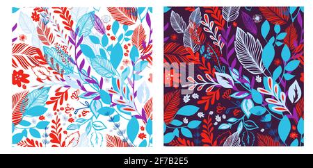 Un arrière-plan sans couture avec des fleurs et des feuilles rouges et bleues. Arrière-plan sombre et clair. Illustration vectorielle Illustration de Vecteur
