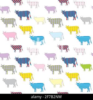 Motif sans couture avec l'image colorée des silhouettes de vaches avec des répétitions géométriques Illustration de Vecteur