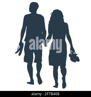 Silhouettes d'amants marchant des barefoots sur fond blanc Illustration de Vecteur