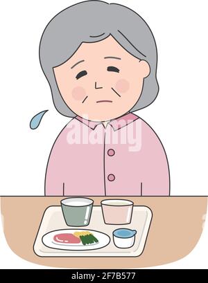 Une femme âgée ne peut pas manger de repas à l'hôpital. Illustration vectorielle isolée sur fond blanc. Illustration de Vecteur