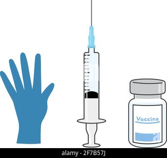 Outils médicaux pour la vaccination. Flacon en verre, seringue avec aiguille et gant chirurgical. Illustration vectorielle isolée sur fond blanc. Illustration de Vecteur