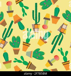 Fond jaune avec des fleurs de cactus en pots Illustration de Vecteur