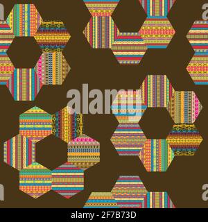 Motifs ethniques motif patchwork avec des fleurs faites de plaques hexagonales sur fond brun Illustration de Vecteur