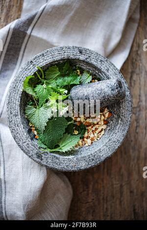Moutarde à l'ail et pesto aux amandes Banque D'Images