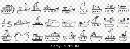 Ensemble d'assortiment de boots. Collection de dessin à la main divers styles de navires transport de l'eau pour la voile sur mer de loisirs ou de l'industrie isolée sur fond transparent illustration Illustration de Vecteur