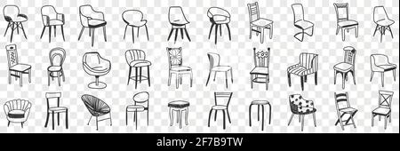 Ensemble de chaises et fauteuils. Collection de chaises dessinées à la main de différentes conceptions pour les chambres appartements bureaux intérieurs isolés sur fond transparent Illustration de Vecteur