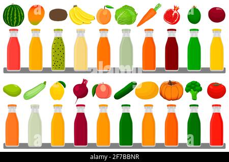 Illustration sur le thème grand kit bouteilles en verre avec des bouchons rempli liquide jus de fruits multicolores. Flacons en verre composés de jus de fruits naturels savoureux. F Illustration de Vecteur