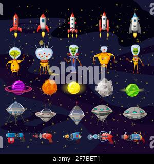 Concept de jeu COSMOS. Sur un thème spatial, y compris des roquettes, des planètes, des extraterrestres, des blasters. Illustration vectorielle isolée sur fond d'espace. Illustration de Vecteur