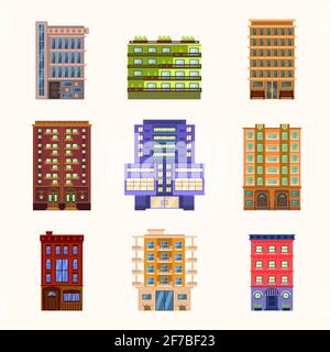 Ensemble de bâtiments et maisons vectoriels de style plat Illustration de Vecteur