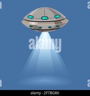 Vaisseau spatial volant d'OVNI isolé sur fond bleu, rayons de lumière, style de dessin animé, illustration vectorielle. Concept, modèle Illustration de Vecteur