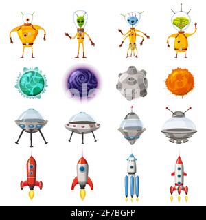 Icônes de dessin animé d'espace définies. Planètes, fusées, éléments ovnis sur fond blanc, vecteur, isolé, style de dessin animé Illustration de Vecteur