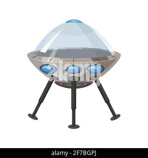 Vaisseau spatial volant d'OVNI isolé sur le style de dessin animé blanc. Transport extraterrestre futuriste. Illustration vectorielle, baner, poster Illustration de Vecteur