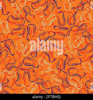 Résumé cacahuète ligne art sans couture vector motif arrière-plan. Groupe de noix de singe en forme de calligraphie. Orange néons indigo botanique Illustration de Vecteur