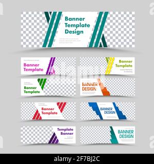 Ensemble de bannières web horizontales blanches vectorielles avec emplacement pour photo et lignes diagonales et carrés de couleur. Modèles pour les entreprises et la publicité. Illustration de Vecteur