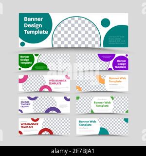 Grand jeu de bannières web horizontales blanches vectorielles avec éléments de design multicolores circulaires et un endroit pour une photo. Modèles de taille standard Illustration de Vecteur