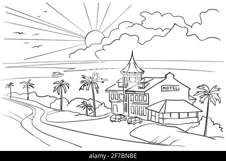 Motel sur la côte de la mer du Sud au coucher du soleil. Les palmiers poussent le long de la route. Il y a 2 voitures dans le parking. Esquisse linéaire noir et blanc. Illustration de Vecteur