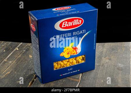 PRODUITS BARILLA. Pâtes italiennes Chifferi Rigati. Le groupe Barilla produit plusieurs sortes de pâtes et c'est le premier fabricant de pâtes au monde. Banque D'Images