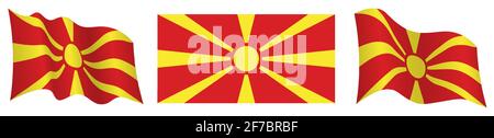 Drapeau de la Macédoine du Nord en position statique et en mouvement, flottant dans le vent dans des couleurs et des tailles exactes, sur fond blanc Illustration de Vecteur