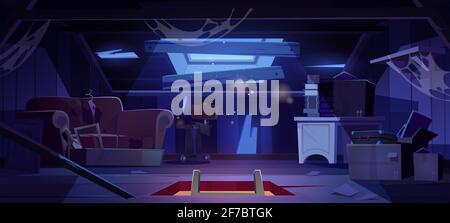 Vieux grenier dans la maison abandonnée la nuit. Vide intérieur de la chambre de garret avec toit cassé, murs et poutres, désordre et toile de araignée. Mansarde désordonné avec trappe dans le plancher et clair de lune, illustration vectorielle de dessin animé Illustration de Vecteur