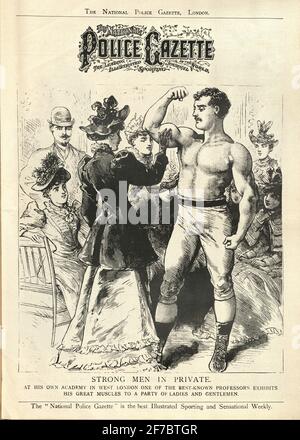 Première page de la National police Gazette, 1890, homme fort victorien montrant ses muscles, 19e siècle Banque D'Images