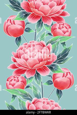 Bordure fleurie sans couture pour pivoines. Fleurs vintage de style oriental Banque D'Images