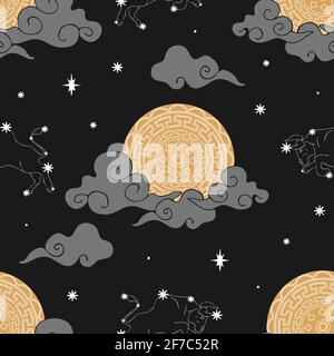 Motif vectoriel sans couture avec lune de zodiaque sur fond marron foncé. Papier peint de nuit d'astronomie avec Taurus. Textile de mode de culture chinoise. Illustration de Vecteur