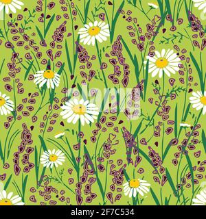 Motif vectoriel sans couture avec fleurs sur fond vert. Papier peint à motif fleuri d'été, lavande et marguerites. Belle lavande prairie mode. Illustration de Vecteur