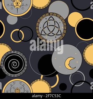 Schéma vectoriel sans couture avec cercle spirituel talisman sur fond gris. Papier peint à motif symbole ethnique. Moon sorcière mode textile. Illustration de Vecteur