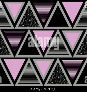 Motif vectoriel sans couture avec texture triangulaire sur fond gris. Papier peint géométrique simple avec contraste noir et rose. Illustration de Vecteur