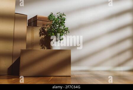 Nouveau concept de maison. Boîtes dans la pièce vide. Banque D'Images