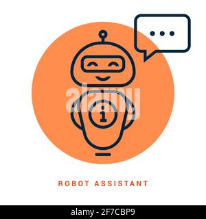 Un robot mignon souriant parlant à un chat bot. Icône d'illustration linéaire vectorielle. Assistant robot. Illustration de Vecteur