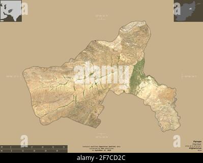 Parwan, province d'Afghanistan. Imagerie satellite Sentinel-2. Forme isolée sur un arrière-plan solide avec des superpositions informatives. Contient Coperni modifié Banque D'Images