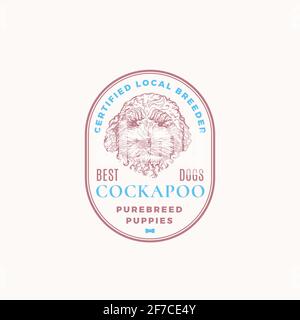 Modèle de logo ou de badge de cadre de dressage de chiens certifié. Dessin du visage de chiots Cockapoo dessiné à la main avec Typographie et bordures rétro. Emblème Premium vintage Illustration de Vecteur