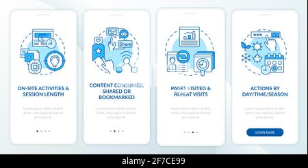 Analyse du comportement des utilisateurs écran bleu de la page d'intégration de l'application mobile avec concepts Illustration de Vecteur
