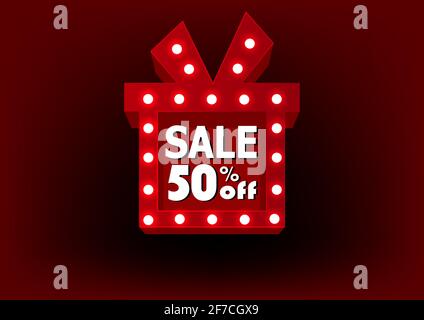 Boîte avec ampoule et mot solde sur fond rouge. Illustration moderne. Rectangle rétro isolé réaliste. Illustration de Vecteur
