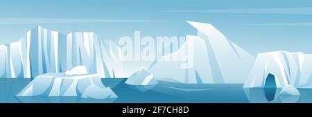 Paysage panoramique de l'Antarctique illustration, nature hiver iceberg de l'arctique et neige montagnes collines Illustration de Vecteur