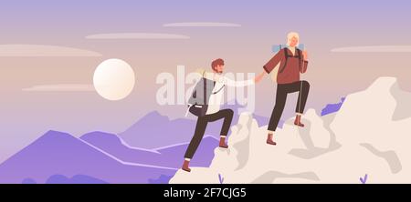 Couple personnes grimpent montagne, nature voyage aventure avec jeune femme homme alpiniste randonneurs Illustration de Vecteur