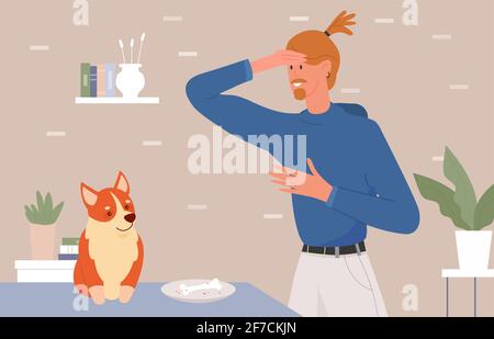 Mauvais comportement de problème de chien animal domestique, jeune homme bouleversé, chien volant repas de propriétaire Illustration de Vecteur