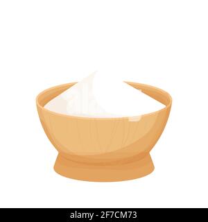 Bol en bois avec ingrédient blanc, bol en amidon de style dessin animé isolé sur fond blanc. Ingrédient de cuisson et de cuisson, élément design. Illustration vectorielle Illustration de Vecteur