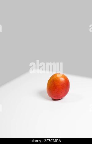 Une mangue fraîche brute sur le bord de la table blanche avec fond gris. Concept alimentaire créatif. Banque D'Images