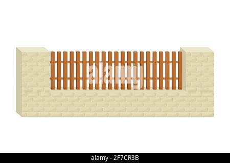 Clôture en briques de pierre et planches en bois dans le style de dessin animé plat isolé sur fond blanc. Bâtiment, construction pour la protection. Elément de conception. Illustration du vecteur de stock Illustration de Vecteur