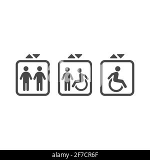 Icône vecteur noir de l'ascenseur. Ascenseur avec personnes et panneau pour personnes handicapées. Illustration de Vecteur