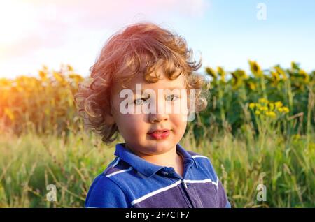 petit garçon dans le champ de tournesol Banque D'Images