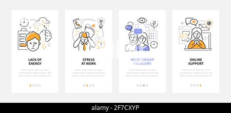 Problèmes psychologiques - bannières Web de style conception de ligne moderne avec espace de copie pour le texte. Le carrousel affiche sur le thème de la santé mentale. Manque d'énergie, stress Illustration de Vecteur