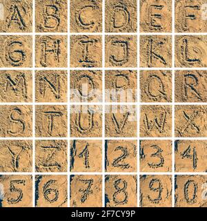 Alphabet sable collection de lettres et de chiffres Banque D'Images