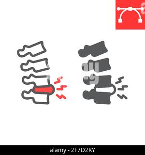 Ligne de douleur de colonne vertébrale et icône de glyphe, mal de dos et douleur dorsale, icône de vecteur de disque hernié, graphiques vectoriels, signe de contour de contour modifiable, eps 10. Illustration de Vecteur