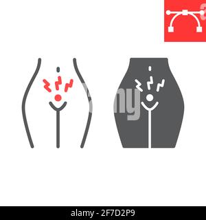 Crampes menstruelles ligne de douleur et icône de glyphe, menstruation et gynécologie, icône de vecteur de crampes menstruelles, graphiques vectoriels, contour d'AVC modifiable Illustration de Vecteur