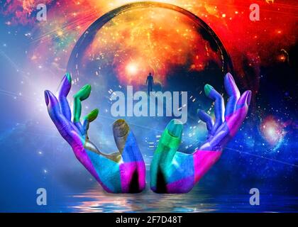 Les mains tiennent la sphère de verre avec la vision de l'homme Banque D'Images