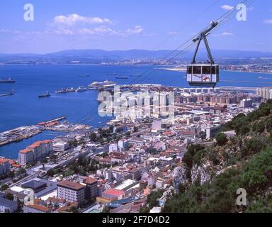 Avis de téléphérique et ville, ville de Gibraltar, Gibraltar Banque D'Images